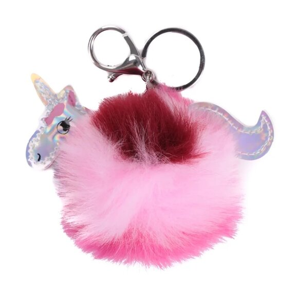 Unicorn PomPom Silver Keychain, Bag Charm, Pink & Red, Gift for Girls & Kids - Picture 2 of 2